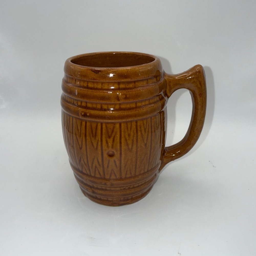 Vintage Brown Glazed Stoneware Ceramic Barrel Beer Mug Stein Wood Grain Design